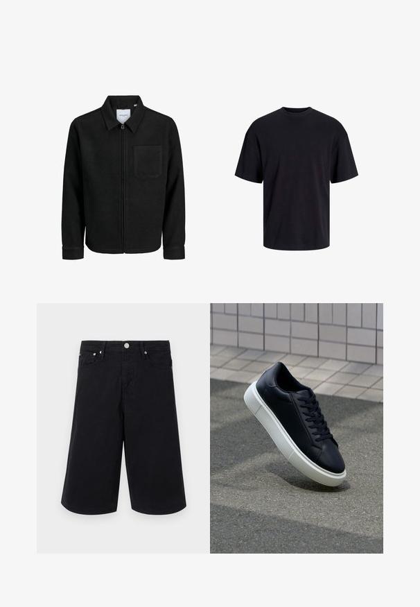 Czarna kurtka z zamkiem na całej długości, z kołnierzem i jedną kieszenią na piersi, umieszczona na białym tle.; Czarna bawełniana koszulka z okrągłym dekoltem, krótkimi rękawami i luźnym krojem. Gładka tekstura, bez widocznych wzorów czy akcentów.; Czarne szorty dżinsowe o prostym kroju, z przednim guzikiem, dwoma bocznymi kieszeniami oraz gładką fakturą. Brak widocznych wzorów lub akcentów.; Czarne skórzane sneakersy z okrągłym noskiem i białą gumową podeszwą. Posiadają płaskie sznurowadła i minimalne przeszycia na cholewce. Teksturowana podeszwa zapewnia przyczepność.