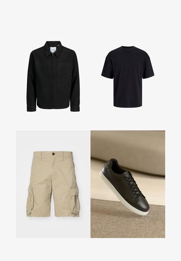 Giacca nera con zip, colletto e una tasca sul petto, mostrata su sfondo bianco.; T-shirt in cotone nero con collo rotondo, maniche corte e vestibilità morbida. Texture liscia senza pattern o dettagli visibili.; Pantaloni cargo beige realizzati in tessuto di cotone, dotati di tasche laterali, chiusura con bottone e design a taglio dritto. Texture liscia.; Sneaker in pelle nera con suola in gomma bianca e lacci neri, posizionato su una superficie e sfondo in tessuto beige.