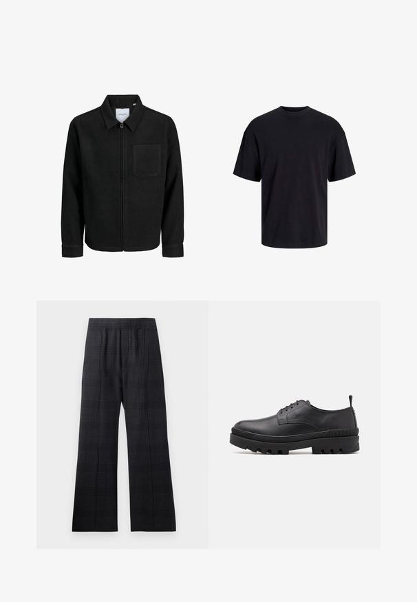 Giacca nera con zip, colletto e una tasca sul petto, mostrata su sfondo bianco.; T-shirt in cotone nero con collo rotondo, maniche corte e vestibilità morbida. Texture liscia senza pattern o dettagli visibili.; Pantaloni a quadri neri con vita elastica, design a gamba larga, tessuto testurizzato e delicato motivo a scacchi su tutta la superficie.; Scarpa in pelle nera con punta rotonda, design con lacci e suola in gomma spessa. Presenta un'etichetta sul tallone e dettagli testurizzati.