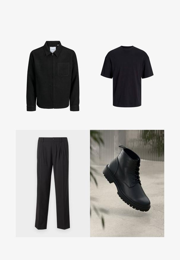 Zwarte zip-up jas met kraag en enkele borstzak, weergegeven op een witte achtergrond.; Zwarte katoenen t-shirt met een ronde halslijn, korte mouwen en een relaxte pasvorm. Glad textuur en geen zichtbare patronen of accenten.; Zwarte op maat gemaakte broek van gladde stof, met plooien aan de voorkant, een knoopsluiting en een rechte pijp.; Zwarte leren enkelboots met een ronde neus, vetersluiting en robuuste rubberen zool. Gladde textuur met een bevestigingslus aan de achterkant.