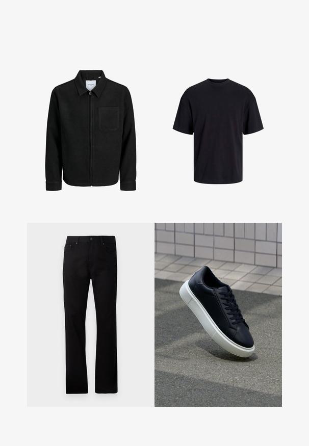 Chaqueta negra con cremallera y cuello, con un solo bolsillo en el pecho, expuesta sobre un fondo blanco.; Camiseta de algodón negra con cuello redondo, mangas cortas y un ajuste relajado. Textura suave y sin patrones ni acentos visibles.; Jeans negros de pierna recta hechos de denim, con cierre de botón en la parte delantera, dos bolsillos laterales y una textura suave.; Zapatilla de cuero negro con punta redonda y suela de goma blanca. Presenta cordones planos y un mínimo de costuras en la parte superior. Suela texturizada para proporcionar agarre.