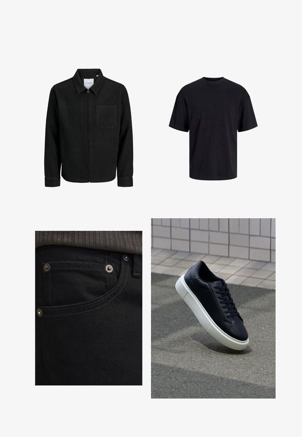 Melna jaka ar rāvējslēdzēju un apkakli, vienu krūšu kabatu, parādīta uz baltas fona.; Melns kokvilnas T-krekls ar apaļu kakla izgriezumu, īsām piedurknēm un brīvu piegriezumu. Gluda tekstūra un nav redzamu rakstu vai akcentu.; Melni džinsi ar šauru piegriezumu un gludu tekstūru. Iezīmējas ar sudraba detaļām, kniedēm un kontrastējošu šuvēm ap kabatām.; Melnas ādas kedas ar noapaļotu pirkstu un baltu gumijas zoli. Iespējas - plakanas šņorītes un minimāla apdare augšdaļā. Struktūrēta zole, lai nodrošinātu saķeri.