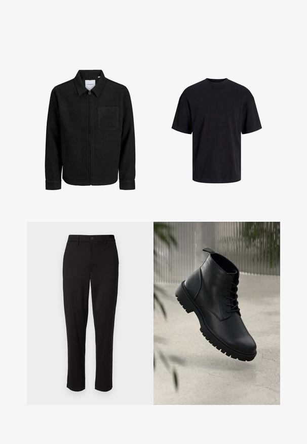 Black zip-up jacket with collar and single chest pocket, displayed on white background.; Black cotton t-shirt with a crew neckline, short sleeves, and a relaxed fit. Smooth texture and no visible patterns or accents.; Black trousers made of lightweight fabric, featuring a straight leg, front button closure, belt loops, and side pockets.; Black leather ankle boots with a rounded toe, lace-up design, and rugged rubber sole. Smooth texture with a pull tab at the back.