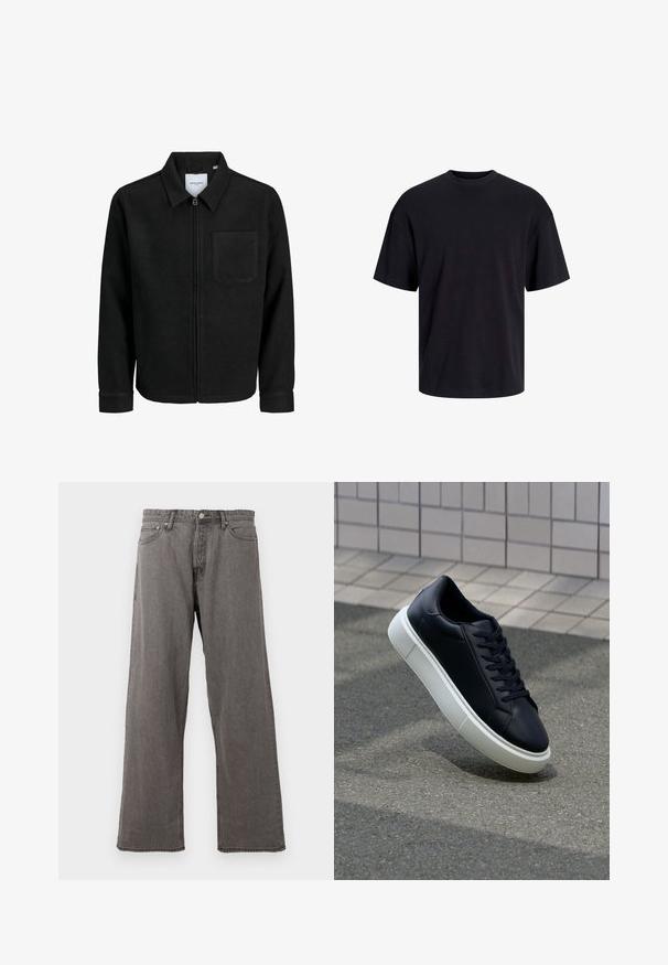 Svart zip-jacka med krage och en enda bröstficka, visad på vit bakgrund.; Svart bomullströja med rundad halsringning, korta ärmar och avslappnad passform. Slät textur utan synliga mönster eller detaljer.; Grå raka denimjeans med framknapp, dragkedja och femficksdesign mot en vit bakgrund.; Svart lädersneaker med rundad tå och vit gummisula. Har platta snören och minimal sömnad på ovansidan. Texturerad sula för grepp.