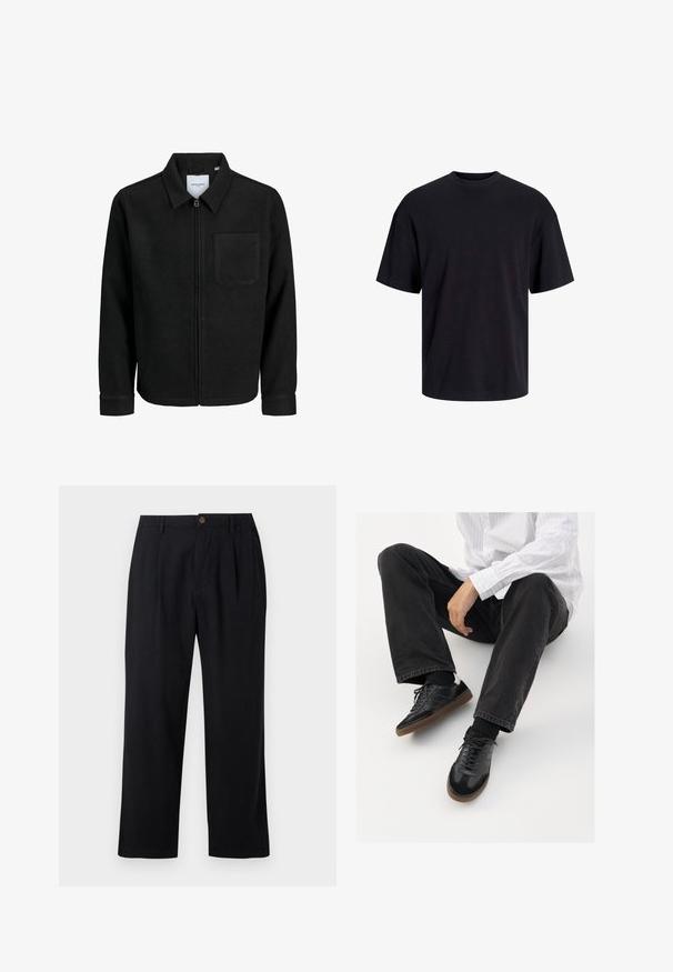 Musta vetoketjullinen takki, jossa on kaulus ja yksi rintatasku, esitelty valkoista taustaa vasten.; Musta puuvillapaita, jossa on pyöreä kaula-aukko, lyhyet hihat ja rento muotoilu. Yksinkertainen ja sileä pinta, ilman näkyviä kuvioita tai koristeita.; Mustat housut, jotka on valmistettu kevyestä kankaasta, jossa on laskostettu etuosa, suorat lahkeet ja yksi ruskea nappi vyötäröllä.; Mustat tennarit, joissa on sileä ja teksturoitu päällyste, varustettuna kumipohjalla ja tummilla nauhoilla. Yhdistetty mustiin farkkuihin ja valko-raitaiseen paitaan.