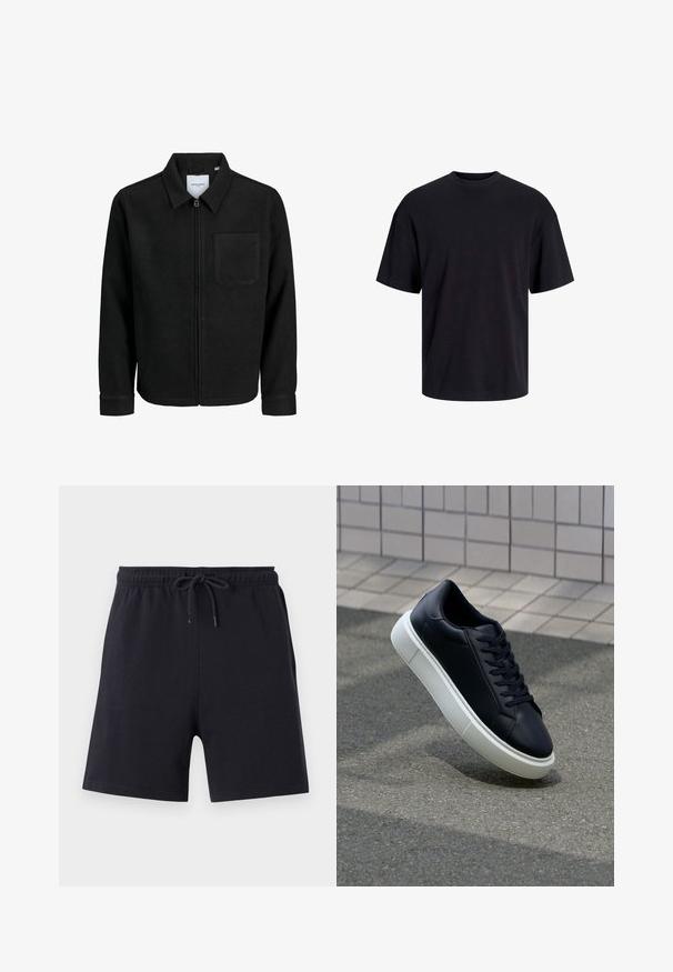 Fekete, zipzáros dzseki gallérral és egyetlen mellzsebbel, fehér háttéren.; Fekete pamut póló, kerek nyakkivágással, rövid ujjú és laza fazonú. Simább anyagú, látható minták vagy díszítések nélkül.; Fekete pamut rövidnadrág, rugalmas derékkal és zsinórral, egyszerű kialakítással és sima textúrával.; Fekete bőr sportcipő lekerekített orral és fehér gumitalppal. Lapos fűzőkkel és minimális varrásokkal rendelkezik a felsőrészén. Mintás talp a tapadásért.