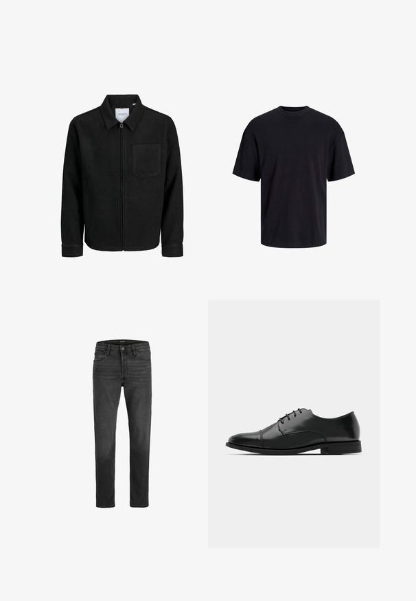 Czarna kurtka z zamkiem na całej długości, z kołnierzem i jedną kieszenią na piersi, umieszczona na białym tle.; Czarna bawełniana koszulka z okrągłym dekoltem, krótkimi rękawami i luźnym krojem. Gładka tekstura, bez widocznych wzorów czy akcentów.; Czarne dżinsy o prostym kroju, pięciokieszeniowe, z zamkiem błyskawicznym. Charakteryzują się delikatnym przecieraniem i kontrastowym przeszyciem.; Czarne skórzane buty do garnituru z okrągłym noskiem, sznurowanym zapięciem, subtelnymi detalami przeszycia oraz niskim obcasem. Gładka faktura z polerowanym wykończeniem.