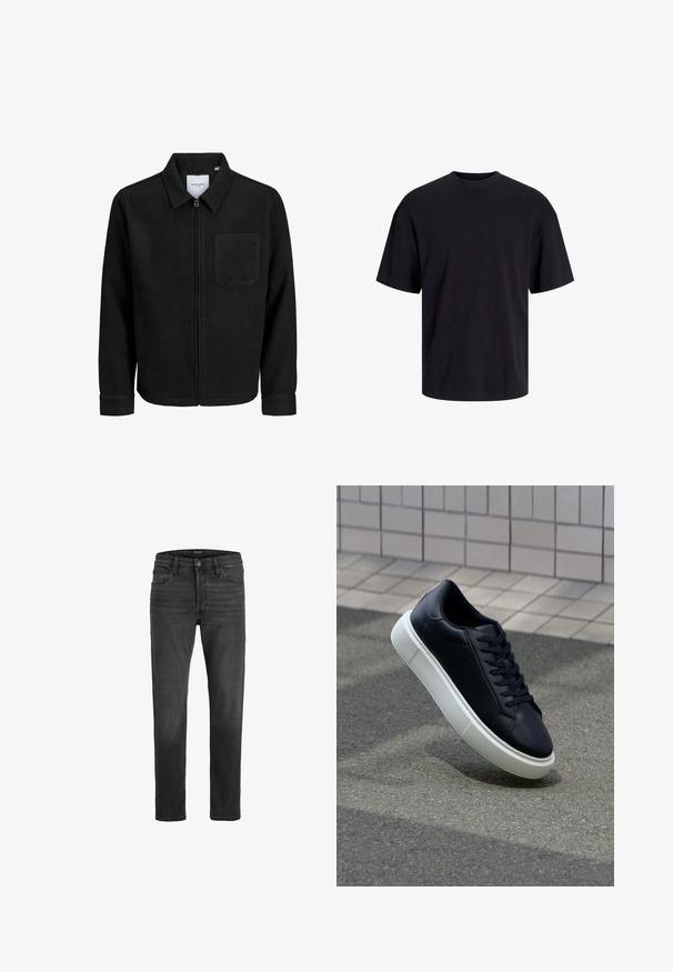 Zwarte zip-up jas met kraag en enkele borstzak, weergegeven op een witte achtergrond.; Zwarte katoenen t-shirt met een ronde halslijn, korte mouwen en een relaxte pasvorm. Glad textuur en geen zichtbare patronen of accenten.; Zwarte denim jeans met een recht model, vijfzakken ontwerp en ritsluiting. Bevat subtiele vervaging en contrasterende stiksels.; Zwarte leren sneaker met een ronde neus en een witte rubberen zool. Voorzien van platte veters en minimale stiksels op het bovenwerk. Textuurrijke zool voor grip.