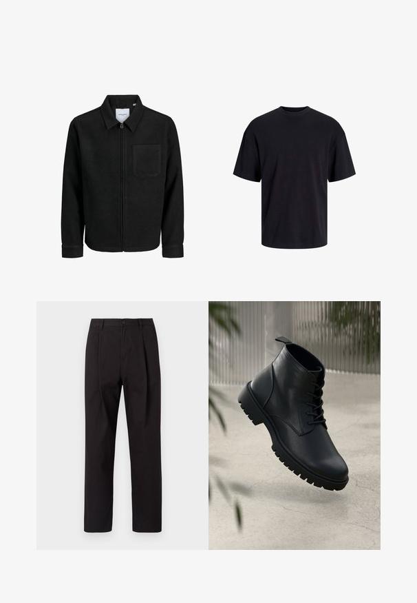 Giacca nera con zip, colletto e una tasca sul petto, mostrata su sfondo bianco.; T-shirt in cotone nero con collo rotondo, maniche corte e vestibilità morbida. Texture liscia senza pattern o dettagli visibili.; Jack & Jones JPSTBILL WILLIAM WORKER - Chino - black; Stivali alla caviglia in pelle nera con punta arrotondata, design con lacci e suola in gomma robusta. Texture liscia con una linguetta sul retro.