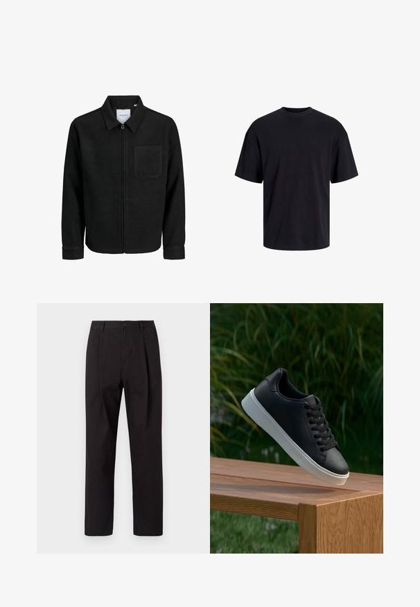 Melna jaka ar rāvējslēdzēju un apkakli, vienu krūšu kabatu, parādīta uz baltas fona.; Melns kokvilnas T-krekls ar apaļu kakla izgriezumu, īsām piedurknēm un brīvu piegriezumu. Gluda tekstūra un nav redzamu rakstu vai akcentu.; Jack & Jones JPSTBILL WILLIAM WORKER - Chinos tipa bikses - black; Melnās ādas sporta apavi ar gludu tekstūru, baltu gumijas zoli un sešiem caurumiem šņorešanai, novietoti uz koka virsmas.