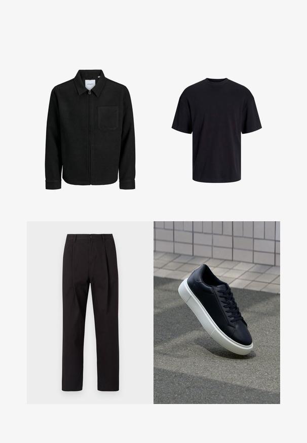 Black zip-up jacket with collar and single chest pocket, displayed on white background.; Black cotton t-shirt with a crew neckline, short sleeves, and a relaxed fit. Smooth texture and no visible patterns or accents.; Jack & Jones JPSTBILL WILLIAM WORKER - Chinos - black; Black leather sneaker with rounded toe and white rubber sole. Features flat laces and minimal stitching on the upper. Textured sole for grip.