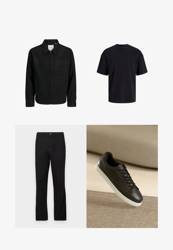 Black zip-up jacket with collar and single chest pocket, displayed on white background.; Black cotton t-shirt with a crew neckline, short sleeves, and a relaxed fit. Smooth texture and no visible patterns or accents.; Black cotton trousers with a straight-leg design, featuring a button closure, front and back pockets, and smooth texture.; Black leather sneaker with white rubber sole and black laces, positioned against a beige fabric surface and background.