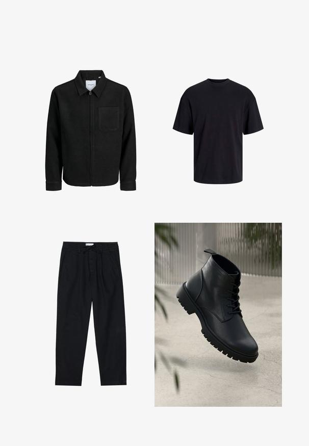 Musta vetoketjullinen takki, jossa on kaulus ja yksi rintatasku, esitelty valkoista taustaa vasten.; Musta puuvillapaita, jossa on pyöreä kaula-aukko, lyhyet hihat ja rento muotoilu. Yksinkertainen ja sileä pinta, ilman näkyviä kuvioita tai koristeita.; Pier One Chinot - black; Mustat nahka nilkkurit, joissa on pyöreä kärki, nauhakiinnitys ja kova kumipohja. Sujuva pinta, jossa on vetoketju takana.