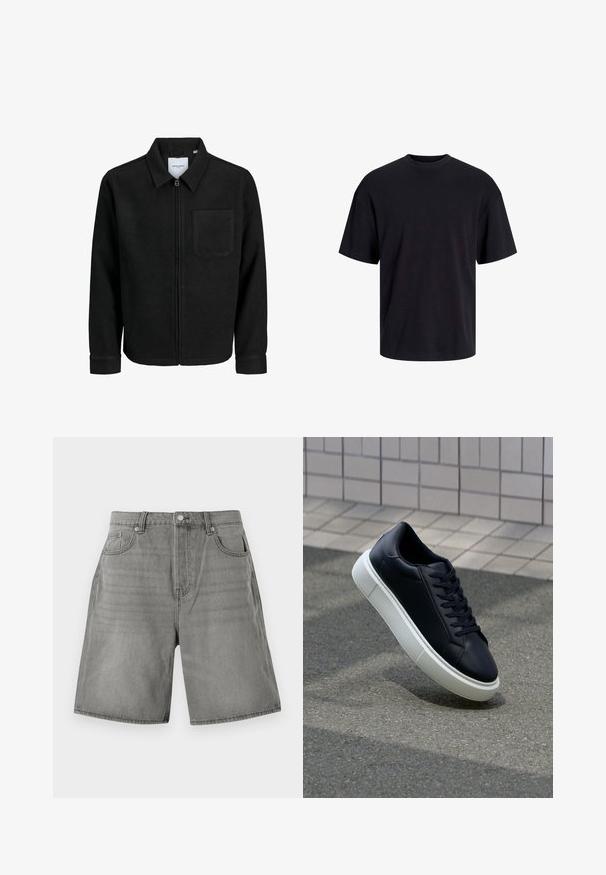 Schwarze Zip-Jacke mit Kragen und einer einzelnen Brusttasche, auf weißem Hintergrund präsentiert.; Schwarzes Baumwoll-T-Shirt mit Rundhalsausschnitt, kurzen Ärmeln und lässiger Passform. Glatte Oberflächenstruktur und keine sichtbaren Muster oder Akzente.; Graue Jeansshorts mit klassischem Fünf-Taschen-Design, umgeschlagenen Säumen und einem Knopfverschluss. Der Stoff hat eine leicht abgenutzte Textur.; Schwarze Leder-Sneaker mit runder Zehenpartie und weißer Gummisohle. Verfügt über flache Schnürsenkel und minimale Nähte im Obermaterial. Strukturiertes Sohlenprofil für besseren Halt.