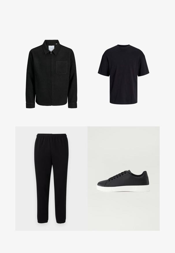 Svart zip-jacka med krage och en enda bröstficka, visad på vit bakgrund.; Svart bomullströja med rundad halsringning, korta ärmar och avslappnad passform. Slät textur utan synliga mönster eller detaljer.; Svarta avslappnade sweatpants med elastisk midja och ankelresår, visade mot en enkel vit bakgrund.; Pier One Sneakers - black