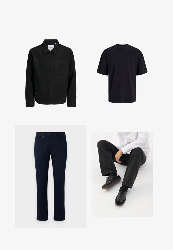 Juodas džemperis su užtrauktuku, apykakle ir vienu krūtiniu kišenėje, pristatytas baltame fone.; Juodas medvilninis marškinėlis su apvaliu iškirpimu, trumpomis rankovėmis ir laisvu siluetu. Glotni tekstūra, be matomų raštų ar akcentų.; Jūros mėlynos džinsinės kelnės, tinkančios prigludusiam siluetui, su klasikinio penkių kišenių dizainu ir subtiliais siuvinėjimo akcentais. Lygi tekstūra, be puošmenų.; Juodi sportbačiai su lygiu ir tekstūruotu paviršiumi, turi guminį padas ir tamsias raištelius. Suderinti su juodomis džinsais ir balta juostuota marškinėliais.
