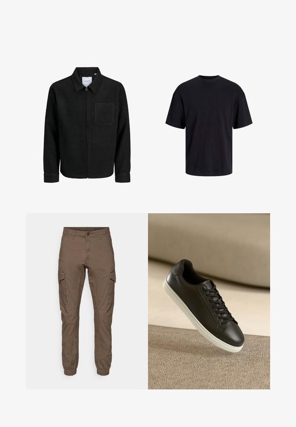 Giacca nera con zip, colletto e una tasca sul petto, mostrata su sfondo bianco.; T-shirt in cotone nero con collo rotondo, maniche corte e vestibilità morbida. Texture liscia senza pattern o dettagli visibili.; Pantaloni cargo di colore marrone scuro, realizzati in tessuto resistente. Presentano polsini elasticizzati, tasche laterali e una chiusura a bottone anteriore.; Sneaker in pelle nera con suola in gomma bianca e lacci neri, posizionato su una superficie e sfondo in tessuto beige.