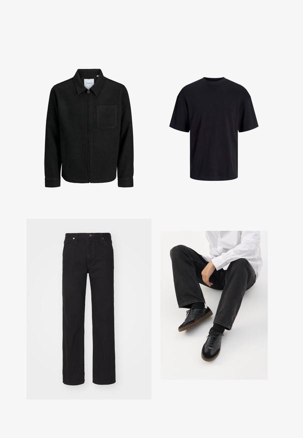 Giacca nera con zip, colletto e una tasca sul petto, mostrata su sfondo bianco.; T-shirt in cotone nero con collo rotondo, maniche corte e vestibilità morbida. Texture liscia senza pattern o dettagli visibili.; Jeans in denim nero con design a gamba dritta, dotati di chiusura a bottone, cinque tasche e dettagli in hardware tono rame.; Sneaker nere con una tomaia liscia e testurizzata, con suola in gomma e lacci scuri. Abbinati a jeans neri e una camicia bianca a righe.