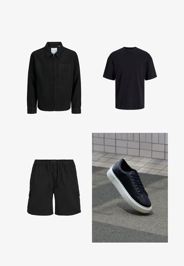 Mustaga lukuga jakker, millel on krae ja üks rinna-tasku, esitatud valgel taustal.; Must must on mustre, lühikeste varrukatega ja vabalt langev. Sile tekstuur ja ilma nähtavate mustrite või aktsentideta.; Mustad mustad lühikesed püksid elastse vöökoha, nööriga, küljetaskute ja tekstuuriga materjaliga. Disainitud mugavuseks ja kasutusmugavuseks.; Mustast nahast tennisetoss, millel on ümar nina ja valge kummist tall. Omab siredaid paelu ja minimaalset õmblemist ülemises osas. Tekstuuriga tald, mis tagab haakuvuse.