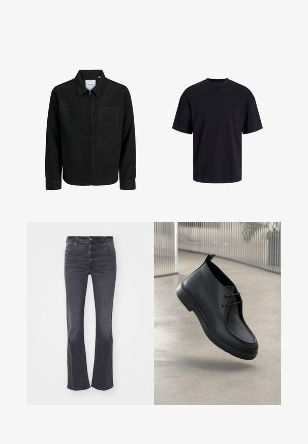 Musta vetoketjullinen takki, jossa on kaulus ja yksi rintatasku, esitelty valkoista taustaa vasten.; Musta puuvillapaita, jossa on pyöreä kaula-aukko, lyhyet hihat ja rento muotoilu. Yksinkertainen ja sileä pinta, ilman näkyviä kuvioita tai koristeita.; Tummanharmaat leveälahkeiset farkut, jotka on valmistettu denimistä. Niissä on klassinen viisi-taskuinen muotoilu, vyölenkit ja piilovetoketju nappikiinnityksellä.; Musta nahkakengät, joissa on sileä pinta, pyöreä kärki ja nauhakuormitus; varusteena matala profiilinen pohja ja takana vetotappi.
