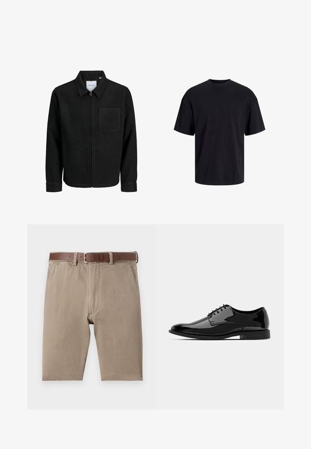 Fekete, zipzáros dzseki gallérral és egyetlen mellzsebbel, fehér háttéren.; Fekete pamut póló, kerek nyakkivágással, rövid ujjú és laza fazonú. Simább anyagú, látható minták vagy díszítések nélkül.; Barna bőr övvel és oldalsó zsebekkel rendelkező, egyenes szabású, világosbarna pamut rövidnadrág, sima tapintású, szépen befejezett szegélyekkel.; Fekete lakkbőr félcipő lekerekített orral, fűzős kialakítással és sima, fényes felülettel. Alacsony profilmagasságú gumitalppal rendelkezik.