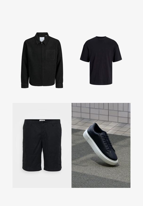 Veste zippée noire avec col et poche poitrine unique, présentée sur fond blanc.; T-shirt en coton noir avec un col ras du cou, des manches courtes et une coupe décontractée. Texture lisse sans motifs ni accents visibles.; Shorts cargo noirs en coton. Les caractéristiques incluent deux poches latérales, une coupe décontractée, et un devant plat avec une fermeture à bouton.; Baskets noires en cuir avec bout arrondi et semelle en caoutchouc blanc. Elles présentent des lacets plats et une couture minimale sur la tige. Semelle texturée pour une bonne adhérence.