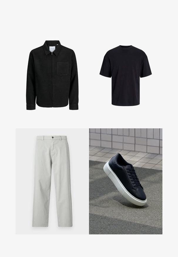 Schwarze Zip-Jacke mit Kragen und einer einzelnen Brusttasche, auf weißem Hintergrund präsentiert.; Schwarzes Baumwoll-T-Shirt mit Rundhalsausschnitt, kurzen Ärmeln und lässiger Passform. Glatte Oberflächenstruktur und keine sichtbaren Muster oder Akzente.; Hellgraue, gerade geschnittene Hose aus einem glatten, gewebten Stoff. Mit einem Frontknopfverschluss und seitlichen Taschen. Minimalistischer Stil.; Schwarze Leder-Sneaker mit runder Zehenpartie und weißer Gummisohle. Verfügt über flache Schnürsenkel und minimale Nähte im Obermaterial. Strukturiertes Sohlenprofil für besseren Halt.