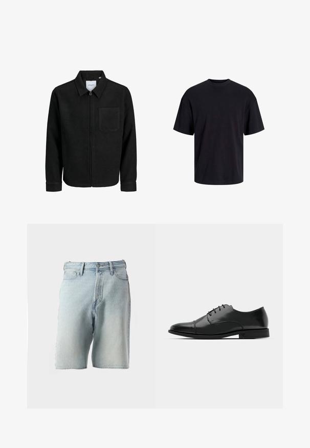 Fekete, zipzáros dzseki gallérral és egyetlen mellzsebbel, fehér háttéren.; Fekete pamut póló, kerek nyakkivágással, rövid ujjú és laza fazonú. Simább anyagú, látható minták vagy díszítések nélkül.; Világoskék farmer rövidnadrág magas derékkal, öt zsebbel és gombos záródással. Az anyag enyhén kopott textúrájú és fakó megjelenésű.; Fekete bőr férfi dresszcipő, lekerekített orral, fűzős kialakítással, diszkrét varrási részletekkel és alacsony sarokkal. Simább felület, fényes kivitel.