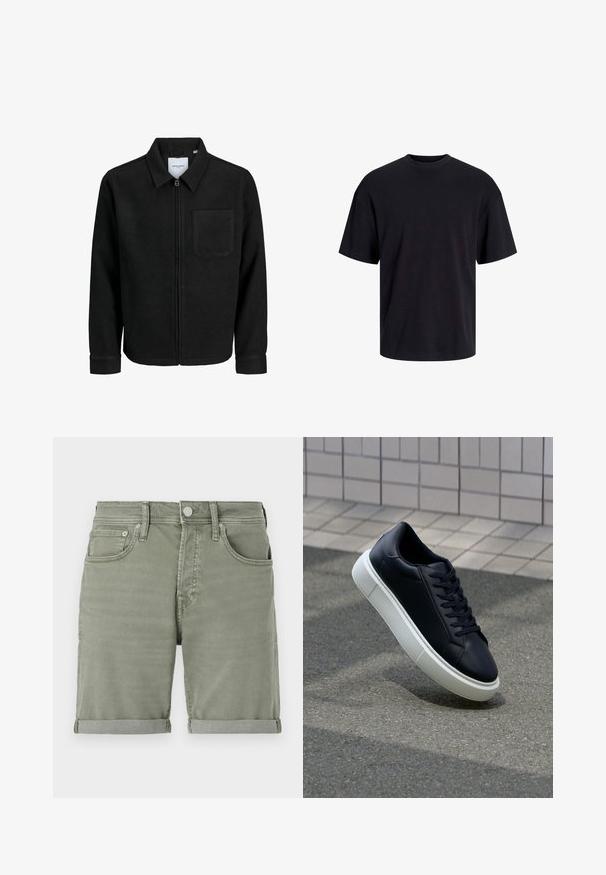 Črna jakna z zadrgo in ovratnikom ter enim žepom na prsih, prikazana na beli podlagi.; Črna bombažna majica s krojačkom izrezom, kratkimi rokavi in sproščenim krojem. Gladka tekstura in brez vidnih vzorcev ali poudarkov.; Zelena denimska kratka hlače s zavihkom, z sprednjimi žepi, gumbnim zapiranjem in rahlo zbledelostjo za sproščen videz.; Črne usnjene superge z zaobljenim prstom in belim gumijastim podplat. Imajo ravne vezalke in minimalno šivanje na zgornjem delu. Teksturirani podplat za oprijem.
