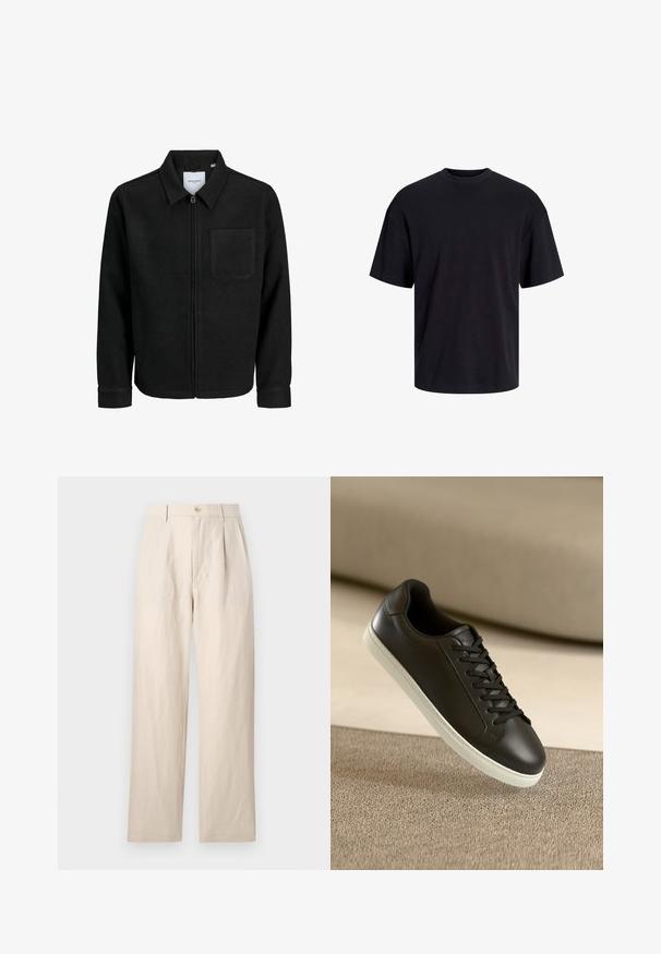 Czarna kurtka z zamkiem na całej długości, z kołnierzem i jedną kieszenią na piersi, umieszczona na białym tle.; Czarna bawełniana koszulka z okrągłym dekoltem, krótkimi rękawami i luźnym krojem. Gładka tekstura, bez widocznych wzorów czy akcentów.; Beżowe lniane spodnie o luźnym kroju, z gładkim przodem, pojedynczym zapięciem na guzik i dwoma kieszeniami. Zmięty tekstur dodaje szczegółu.; Czarne skórzane sneakersy z białą gumową podeszwą i czarnymi sznurowadłami, umieszczone na beżowej tkaninie w tle.