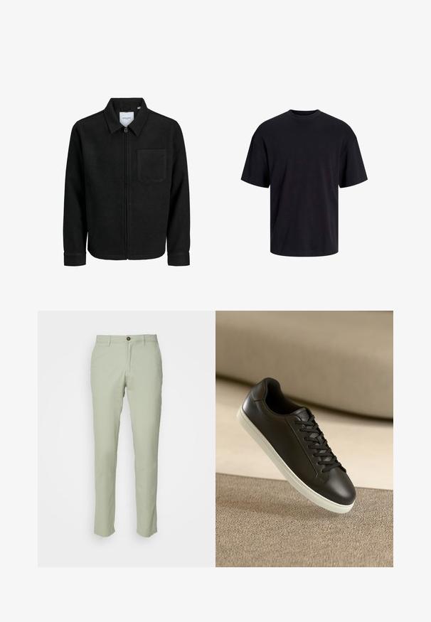 Svart zip-jacka med krage och en enda bröstficka, visad på vit bakgrund.; Svart bomullströja med rundad halsringning, korta ärmar och avslappnad passform. Slät textur utan synliga mönster eller detaljer.; Jack & Jones JPSTMARCO NOOS - Chinos - desert sage; Svarta lädersneakers med vit gummisula och svarta snörningar, placerade mot en beige tygyta och bakgrund.