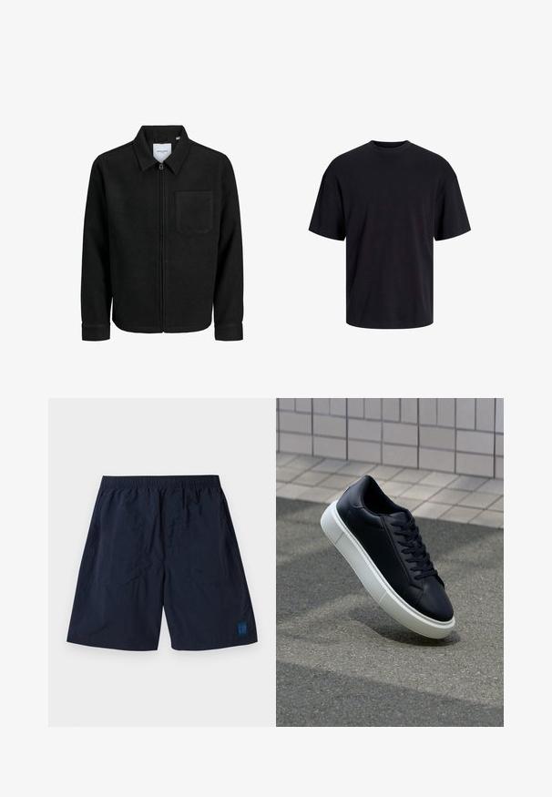 Black zip-up jacket with collar and single chest pocket, displayed on white background.; Black cotton t-shirt with a crew neckline, short sleeves, and a relaxed fit. Smooth texture and no visible patterns or accents.; Navy blue shorts made from lightweight material with an elastic waistband and a small square GAP logo on the bottom right.; Black leather sneaker with rounded toe and white rubber sole. Features flat laces and minimal stitching on the upper. Textured sole for grip.