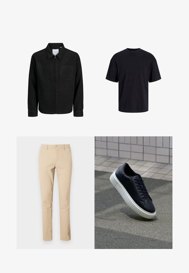 Svart zip-jacka med krage och en enda bröstficka, visad på vit bakgrund.; Svart bomullströja med rundad halsringning, korta ärmar och avslappnad passform. Slät textur utan synliga mönster eller detaljer.; Beiga bomullbyxor med en klassisk passform, dragkedja med knappstängning, bälteshällor och rena fållar. Inga synliga mönster eller detaljer.; Svart lädersneaker med rundad tå och vit gummisula. Har platta snören och minimal sömnad på ovansidan. Texturerad sula för grepp.