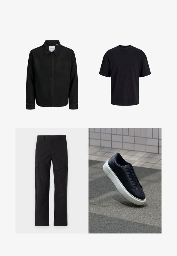Black zip-up jacket with collar and single chest pocket, displayed on white background.; Black cotton t-shirt with a crew neckline, short sleeves, and a relaxed fit. Smooth texture and no visible patterns or accents.; Jack & Jones JPSTKARL KURTIS SNAP TECH - Cargo trousers - black; Black leather sneaker with rounded toe and white rubber sole. Features flat laces and minimal stitching on the upper. Textured sole for grip.