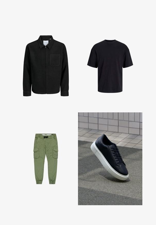 Juodas džemperis su užtrauktuku, apykakle ir vienu krūtiniu kišenėje, pristatytas baltame fone.; Juodas medvilninis marškinėlis su apvaliu iškirpimu, trumpomis rankovėmis ir laisvu siluetu. Glotni tekstūra, be matomų raštų ar akcentų.; Tamsiai žalia twill tipo sportinės kelnės su elastingais rankovėmis, raišteliu juosmenyje ir keliais kišenėmis, skirtomis papildomai talpai. Lygus, patvarus audinys.; Juodas odinis sportbačius su apvaliu pirštu ir baltu gumuotu padu. Turi plokščias raišteles ir minimalų siuvimą viršuje. Padangos tekstūra užtikrina sukibimą.