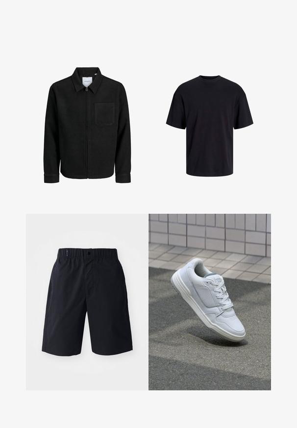Čierna zipsová bunda s golierom a jednou náprsníkou, vystavená na bielom pozadí.; Čierne bavlnené tričko s okrúhlym výstrihom, krátkymi rukávmi a uvoľneným strihom. Hladká textúra bez viditeľných vzorov alebo akcentov.; Čierne šortky z ľahkého materiálu, s plochým predným dielom, elastickým pásom a bočnými vreckami. Jednoduchý dizajn bez vzorov.; Biele kožené tenisky s perforovanými stranami, textúrovanými akcentmi, plochými šnúrkami a kontrastnou sivou pätou. Majú mierne zvýšenú podrážku.