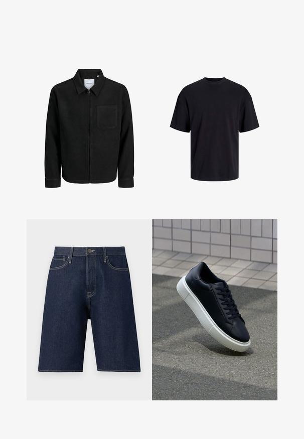 Črna jakna z zadrgo in ovratnikom ter enim žepom na prsih, prikazana na beli podlagi.; Črna bombažna majica s krojačkom izrezom, kratkimi rokavi in sproščenim krojem. Gladka tekstura in brez vidnih vzorcev ali poudarkov.; Temno modri denim kratke hlače z ravnim krojem, z zapiranjem na gumb, z zankami za pas in toniranim šivanjem. Brez vidnih vzorcev ali okrasnih elementov.; Črne usnjene superge z zaobljenim prstom in belim gumijastim podplat. Imajo ravne vezalke in minimalno šivanje na zgornjem delu. Teksturirani podplat za oprijem.