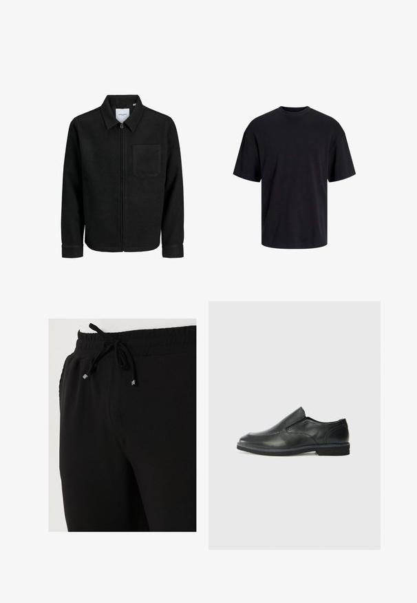 Sort lynlåsjakke med krave og en enkelt brystlomme, vist på hvid baggrund.; Sort bomulds t-shirt med rund hals, korte ærmer og en afslappet pasform. Glat tekstur uden synlige mønstre eller accenter.; Buratti Træningsbukser - black; Sorte læder slip-on sko med en glat overdel, syede detaljer, rund tå og en lav gummihæl. Sålen har minimal profil.