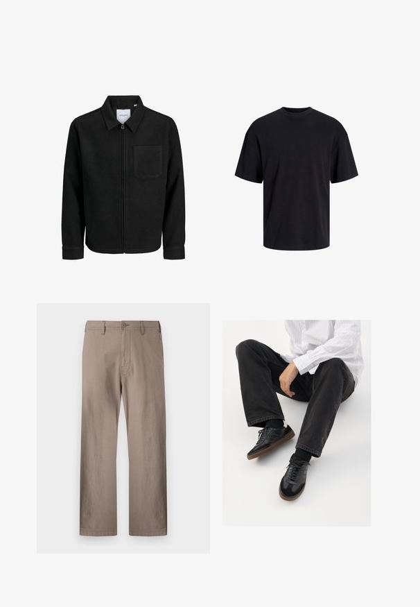 Fekete, zipzáros dzseki gallérral és egyetlen mellzsebbel, fehér háttéren.; Fekete pamut póló, kerek nyakkivágással, rövid ujjú és laza fazonú. Simább anyagú, látható minták vagy díszítések nélkül.; Beige egyenes lábú nadrág könnyű anyagból, gombos záródással, elülső zsebekkel és tiszta varrással.; Fekete tornacipők sima és texturált felsőrészel, gumitalppal és sötét cipőfűzőkkel. Fekete farmernadrággal és fehér csíkos inggel párosítva.
