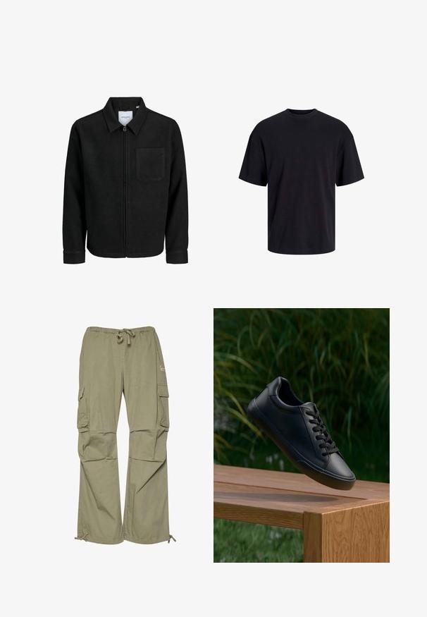 Čierna zipsová bunda s golierom a jednou náprsníkou, vystavená na bielom pozadí.; Čierne bavlnené tričko s okrúhlym výstrihom, krátkymi rukávmi a uvoľneným strihom. Hladká textúra bez viditeľných vzorov alebo akcentov.; Khaki nohavice v olivovej zelenej farbe, vyrobené z ľahkej látky, s elastickým pásom, nastaviteľnými manžetami a viacerými bočnými vreckami.; Čierna kožená teniska s hladkou textúrou, okrúlym špičkou a plochými šnúrkami, umiestnená nad dreveným povrchom s zelenou trávou v pozadí.