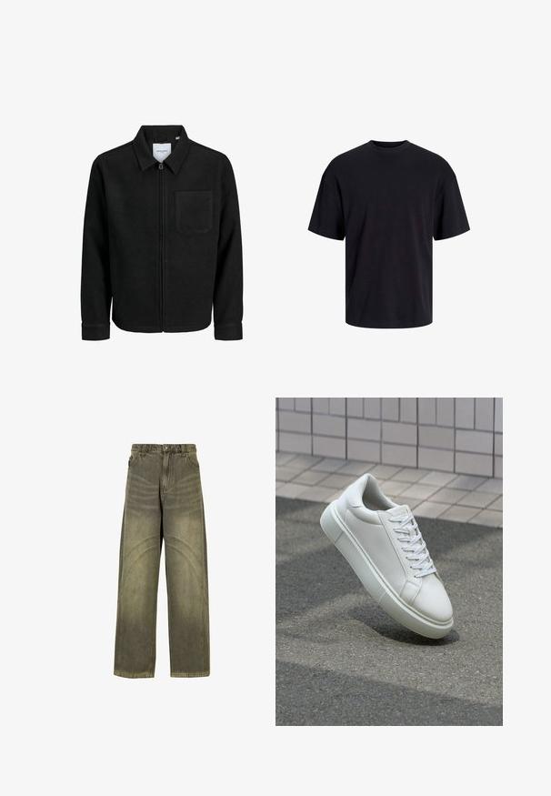 Melna jaka ar rāvējslēdzēju un apkakli, vienu krūšu kabatu, parādīta uz baltas fona.; Melns kokvilnas T-krekls ar apaļu kakla izgriezumu, īsām piedurknēm un brīvu piegriezumu. Gluda tekstūra un nav redzamu rakstu vai akcentu.; Platas kājas džinsi olīvzaļā denima, ar izliektiem šuvju akcentiem, klasisku pogu aizdari un izbalējušu apdari.; Baltas ādas sporta apavi ar gludu virsmu, apaļu pirkstu un plakanām baltām šņorēm. Iezīmējas ar strukturētu gumijas zoli un minimālisma dizaina elementiem.