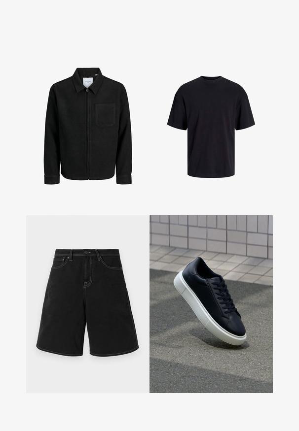 Black zip-up jacket with collar and single chest pocket, displayed on white background.; Black cotton t-shirt with a crew neckline, short sleeves, and a relaxed fit. Smooth texture and no visible patterns or accents.; Black denim shorts with a straight cut, featuring contrasting white stitching, front pockets, and a button waistband. Smooth texture.; Black leather sneaker with rounded toe and white rubber sole. Features flat laces and minimal stitching on the upper. Textured sole for grip.