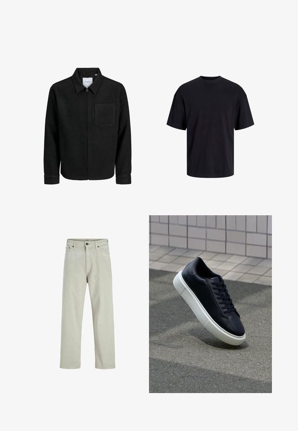 Black zip-up jacket with collar and single chest pocket, displayed on white background.; Black cotton t-shirt with a crew neckline, short sleeves, and a relaxed fit. Smooth texture and no visible patterns or accents.; Light beige denim jeans with a straight leg design, five-pocket style, and a button closure at the waist, featuring minimal stitching details.; Black leather sneaker with rounded toe and white rubber sole. Features flat laces and minimal stitching on the upper. Textured sole for grip.