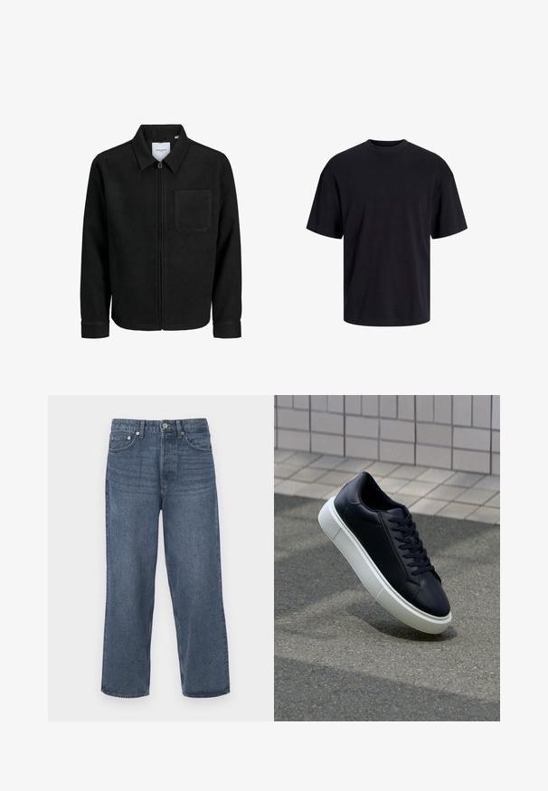 Črna jakna z zadrgo in ovratnikom ter enim žepom na prsih, prikazana na beli podlagi.; Črna bombažna majica s krojačkom izrezom, kratkimi rokavi in sproščenim krojem. Gladka tekstura in brez vidnih vzorcev ali poudarkov.; Temno modri denim kavbojki z ravnim krojem, petimi žepi in gumbom za zapiranje. Imajo subtilno zbledelo barvo in klasičen kroj.; Črne usnjene superge z zaobljenim prstom in belim gumijastim podplat. Imajo ravne vezalke in minimalno šivanje na zgornjem delu. Teksturirani podplat za oprijem.