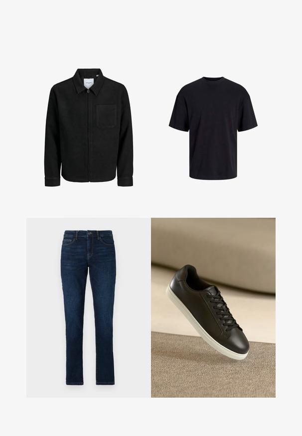 Svart zip-jacka med krage och en enda bröstficka, visad på vit bakgrund.; Svart bomullströja med rundad halsringning, korta ärmar och avslappnad passform. Slät textur utan synliga mönster eller detaljer.; Mörkblå denimjeans med slim fit, standard femficksdesign och knapp- och dragkedjestängning. Slät textur med minimal urblekning.; Svarta lädersneakers med vit gummisula och svarta snörningar, placerade mot en beige tygyta och bakgrund.