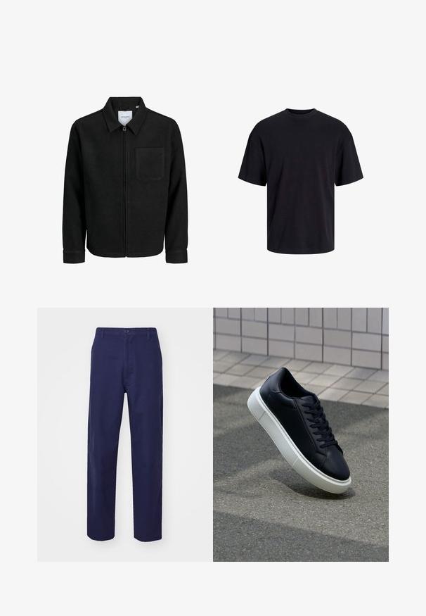 Schwarze Zip-Jacke mit Kragen und einer einzelnen Brusttasche, auf weißem Hintergrund präsentiert.; Schwarzes Baumwoll-T-Shirt mit Rundhalsausschnitt, kurzen Ärmeln und lässiger Passform. Glatte Oberflächenstruktur und keine sichtbaren Muster oder Akzente.; Hose aus navyblauem Baumwollmaterial mit geradem Schnitt, Knopfverschluss und ohne sichtbare Muster. Glatte Textur und standardmäßiger Bund.; Schwarze Leder-Sneaker mit runder Zehenpartie und weißer Gummisohle. Verfügt über flache Schnürsenkel und minimale Nähte im Obermaterial. Strukturiertes Sohlenprofil für besseren Halt.