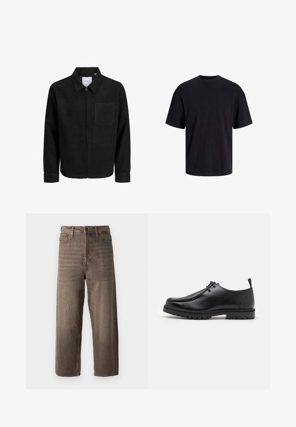 Black zip-up jacket with collar and single chest pocket, displayed on white background.; Black cotton t-shirt with a crew neckline, short sleeves, and a relaxed fit. Smooth texture and no visible patterns or accents.; Brown wide-leg jeans made from denim. Features a zip fly, belt loops, and five pockets. The fabric shows a faded, textured appearance.; Black leather lace-up shoe with a rugged sole and pull tab at the heel, shown from the side on a white background.