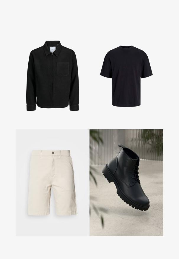 Mustaga lukuga jakker, millel on krae ja üks rinna-tasku, esitatud valgel taustal.; Must must on mustre, lühikeste varrukatega ja vabalt langev. Sile tekstuur ja ilma nähtavate mustrite või aktsentideta.; Beezid puuvillased lühikesed püksid sirge lõikega, millel on eesnupp ja tõmblukk, küljetaskud ning õmmeldud äärised.; Mustad mustad nahast ankle saapad, ümmarguse nina, nööbidest sulgemise ja robustse kummitald. Sile tekstuur ja tõmbetab tagaküljel.