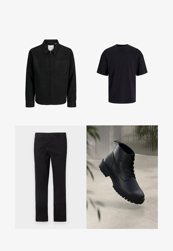Black zip-up jacket with collar and single chest pocket, displayed on white background.; Black cotton t-shirt with a crew neckline, short sleeves, and a relaxed fit. Smooth texture and no visible patterns or accents.; Black cotton chinos with a straight leg design, featuring a button closure and front pockets, smooth texture, and minimal stitching details.; Black leather ankle boots with a rounded toe, lace-up design, and rugged rubber sole. Smooth texture with a pull tab at the back.