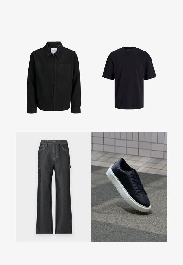 Zwarte zip-up jas met kraag en enkele borstzak, weergegeven op een witte achtergrond.; Zwarte katoenen t-shirt met een ronde halslijn, korte mouwen en een relaxte pasvorm. Glad textuur en geen zichtbare patronen of accenten.; Donkerdenim cargo broek met een wijd beenontwerp, contrasterende witte stiksels, zijzakken en een patch pocket op het linkerbeen.; Zwarte leren sneaker met een ronde neus en een witte rubberen zool. Voorzien van platte veters en minimale stiksels op het bovenwerk. Textuurrijke zool voor grip.